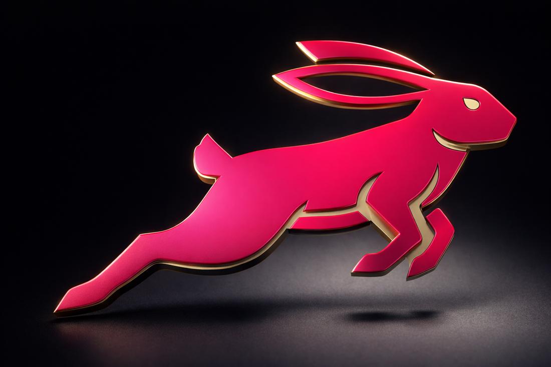 Coelho da Mouvy em 3D, rosa, em salto de corrida